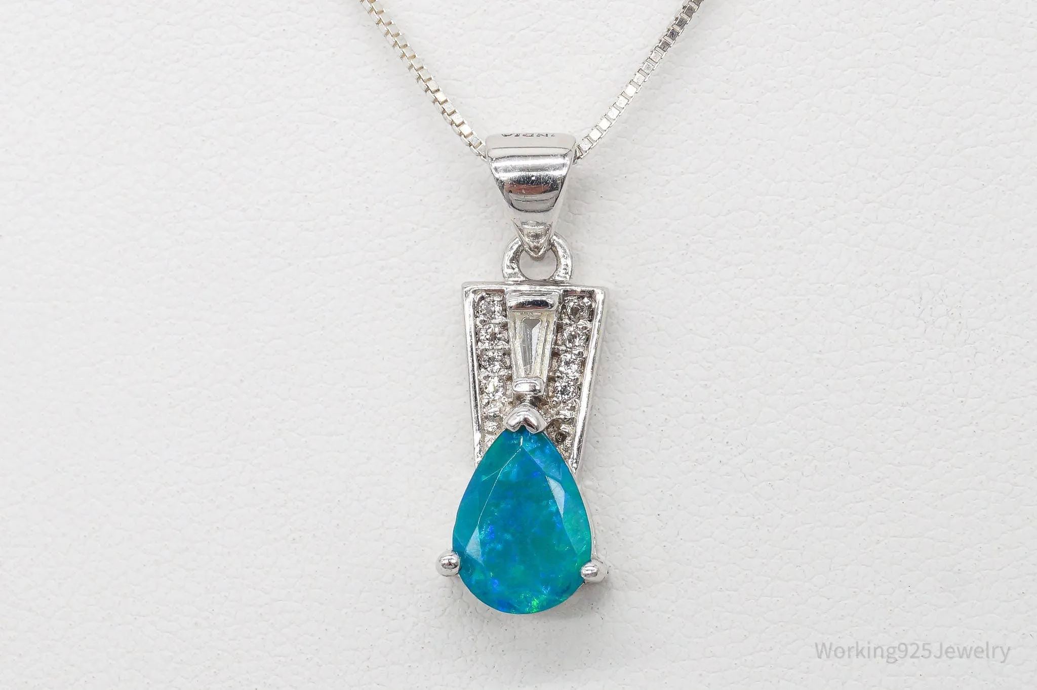 Vintage Designer Blue Opal Cubic Zirconia Sterling Silver Necklace
