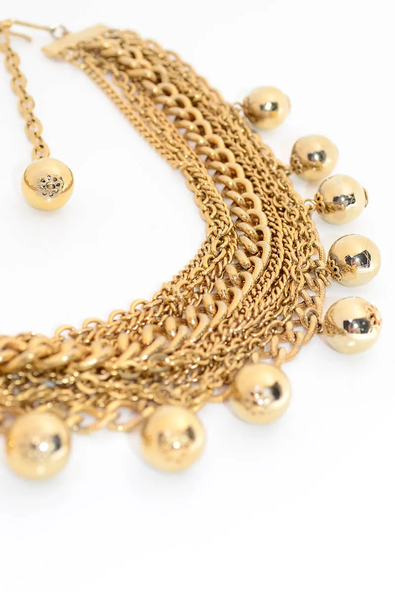 Vintage Gold Tone Ball Charm Multi Strand Chain Necklace