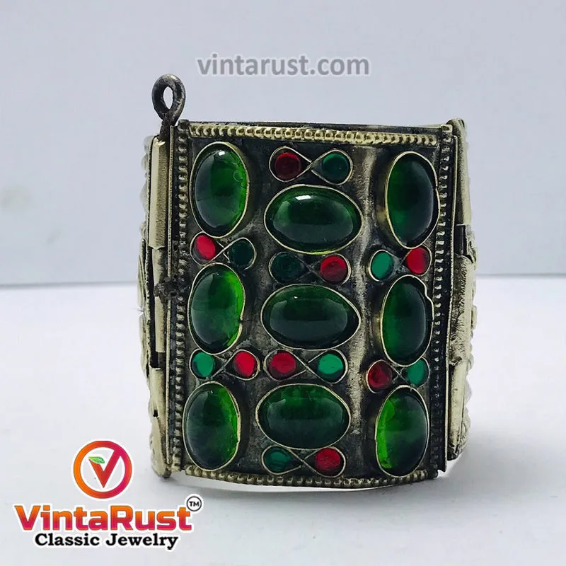 Vintage Gypsy Cuff Bracelet With Big Glass Stones