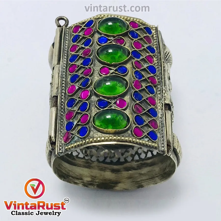 Vintage Gypsy Cuff Bracelet With Big Glass Stones