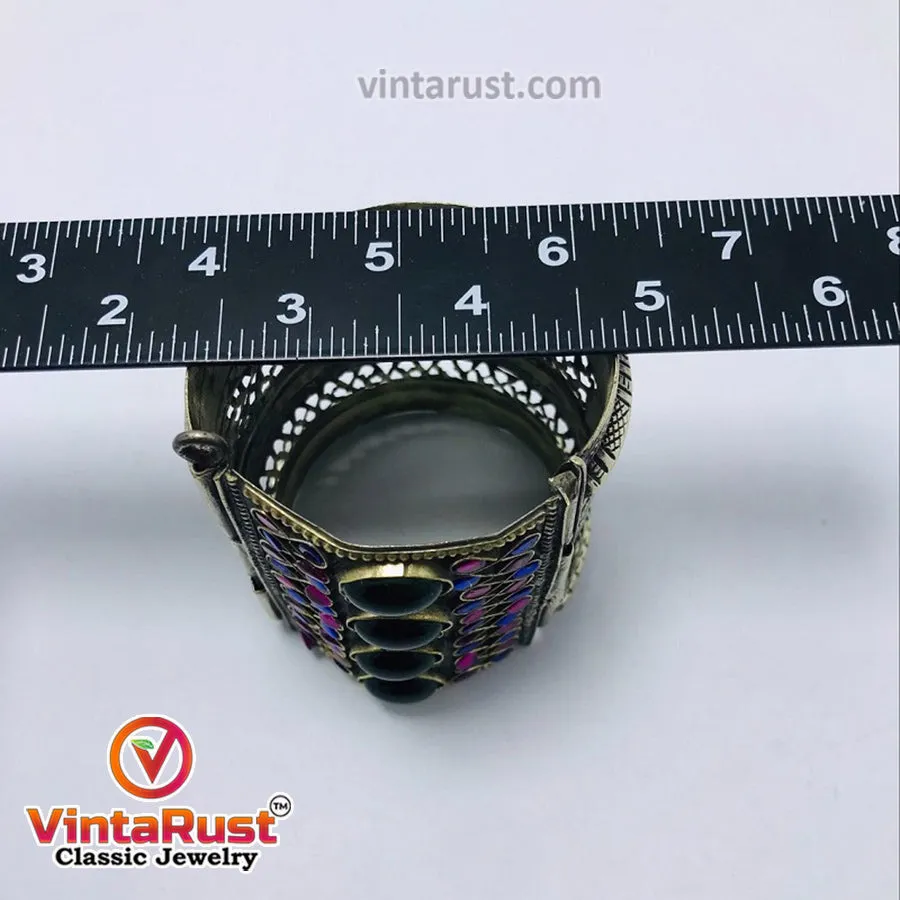 Vintage Gypsy Cuff Bracelet With Big Glass Stones