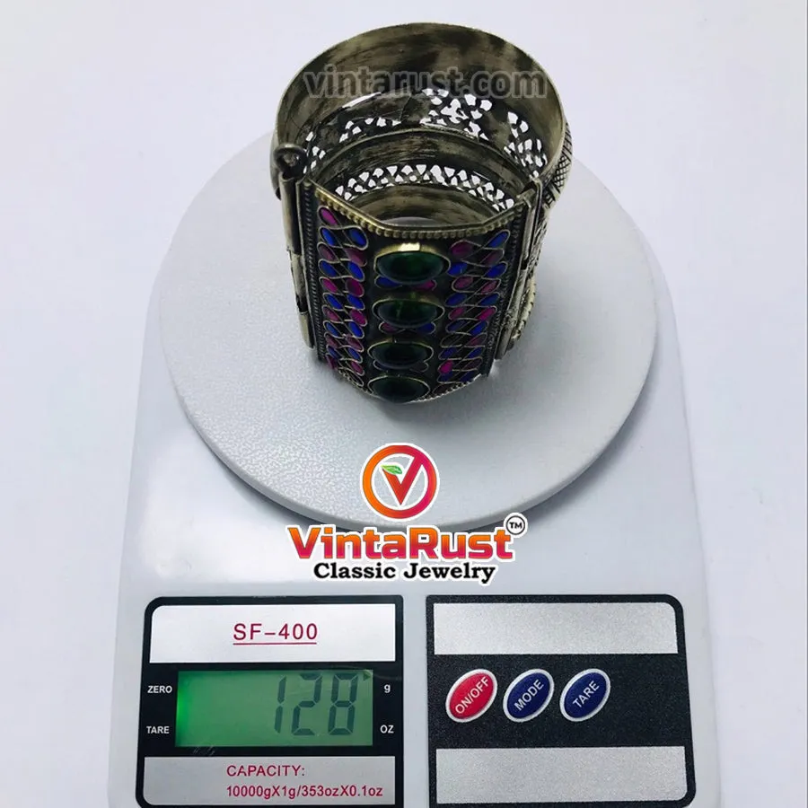 Vintage Gypsy Cuff Bracelet With Big Glass Stones