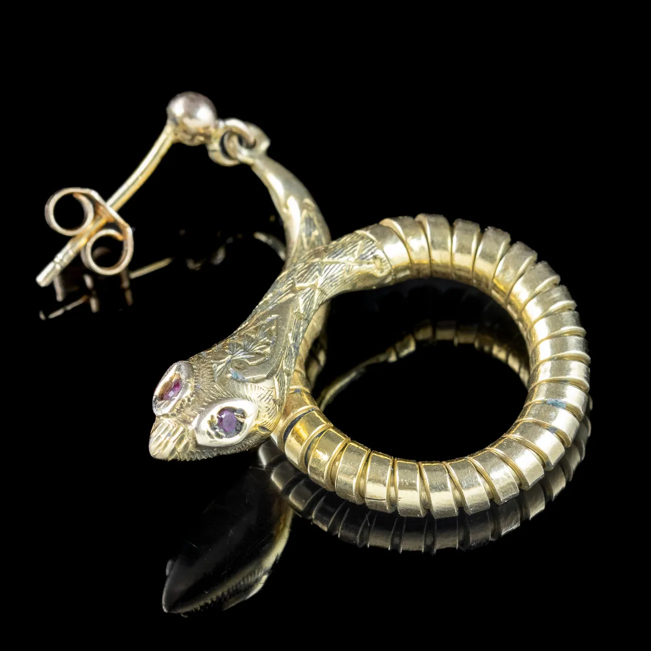 Vintage Snake Drop Earrings 9ct Gold Ruby Eyes Smith And Pepper Dated 1961