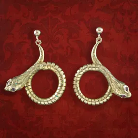 Vintage Snake Drop Earrings 9ct Gold Ruby Eyes Smith And Pepper Dated 1961