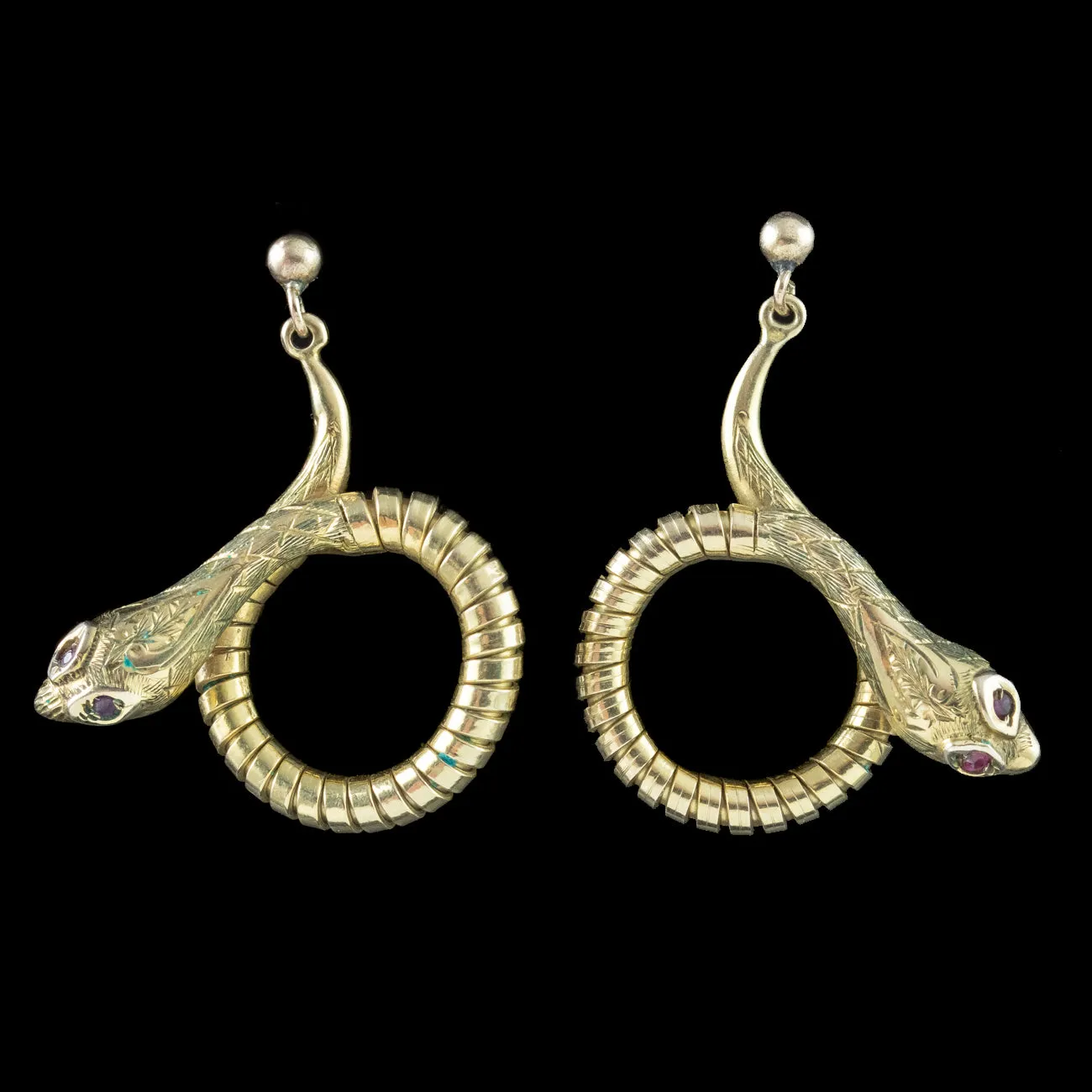 Vintage Snake Drop Earrings 9ct Gold Ruby Eyes Smith And Pepper Dated 1961