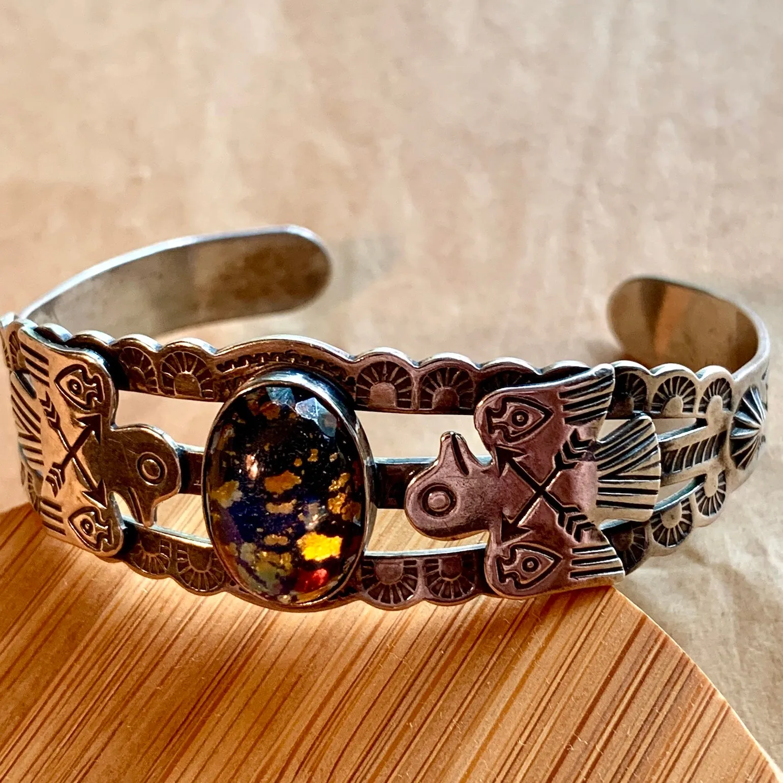 Vintage Southwest Silver Bracelet, Glass Stone