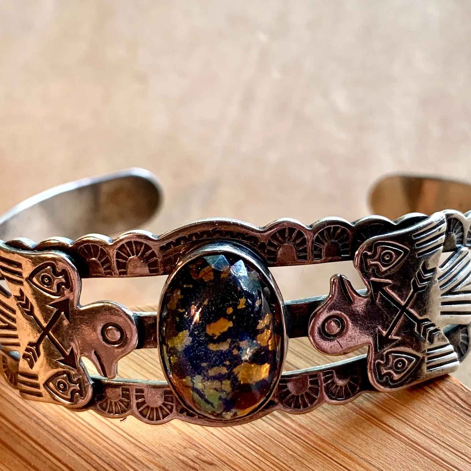 Vintage Southwest Silver Bracelet, Glass Stone
