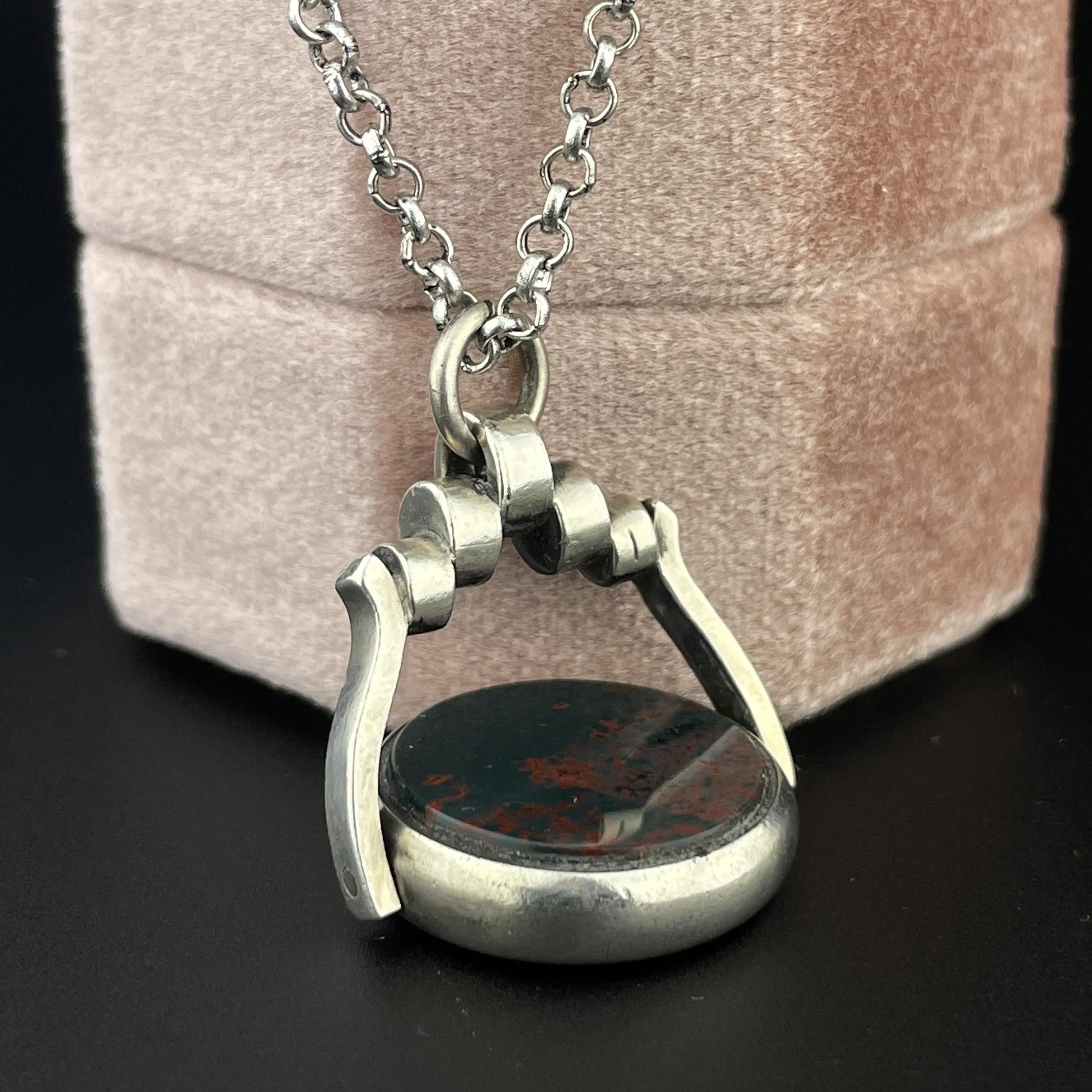 Vintage Victorian Bloodstone Carnelian Spinner Watch Fob Pendant Necklace