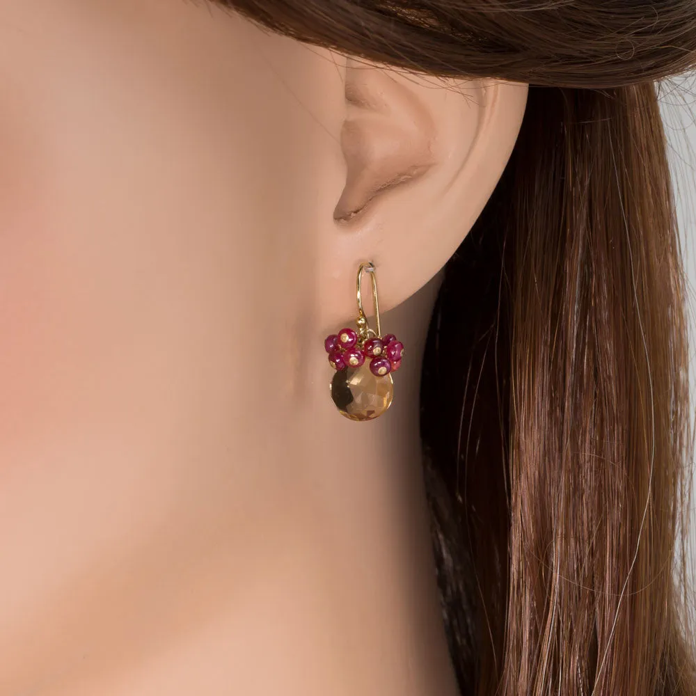 Whiskey Quartz with Ruby Earrings