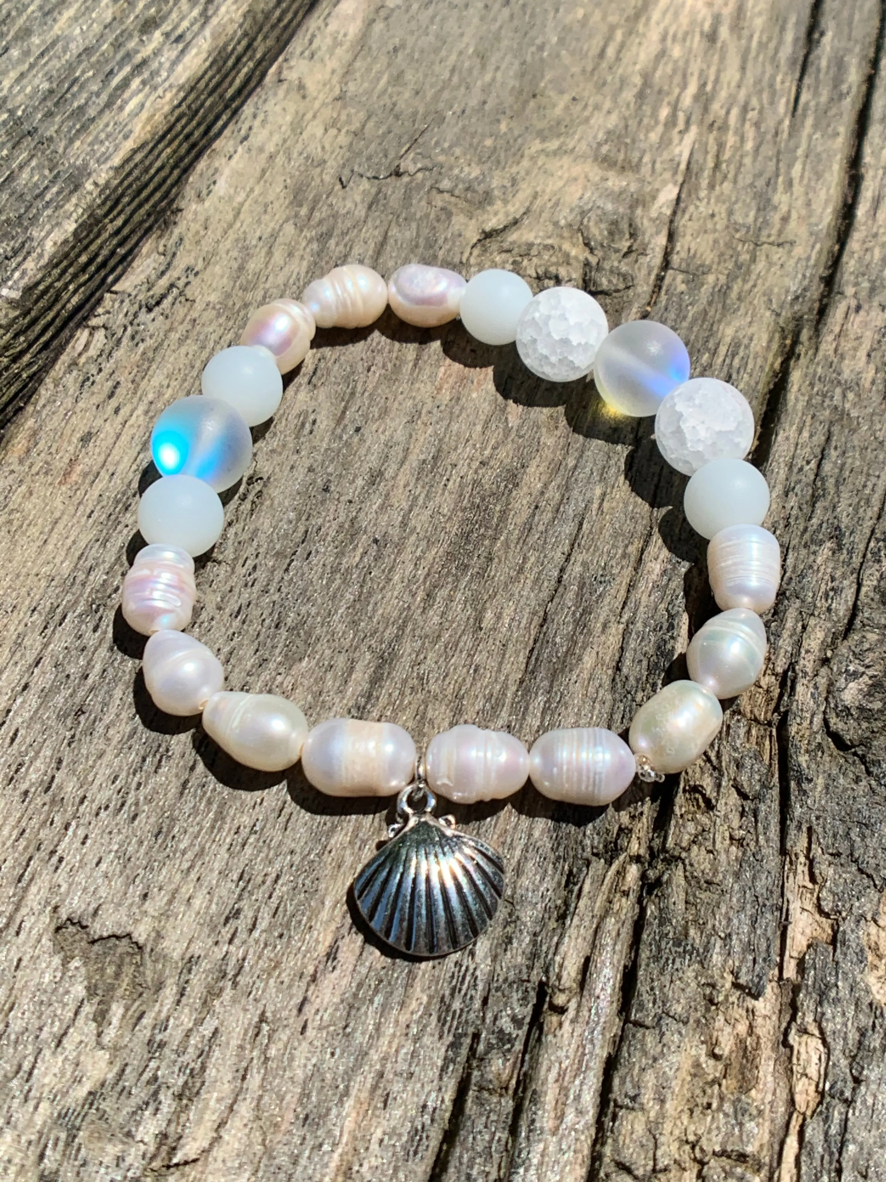 White Fresh Water Pearls, White Crackle Agate & Magic “Opal” Beaded Bracelet with Silver Shell Charm