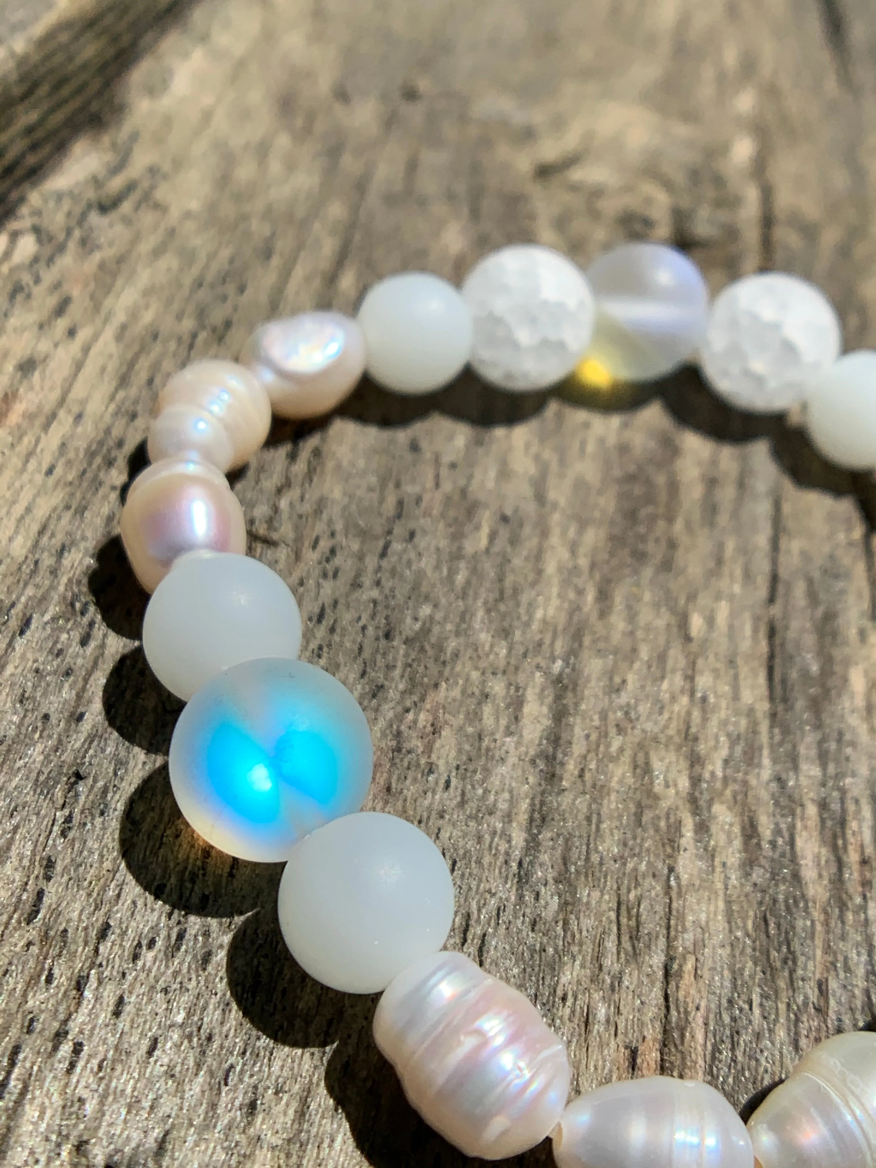 White Fresh Water Pearls, White Crackle Agate & Magic “Opal” Beaded Bracelet with Silver Shell Charm