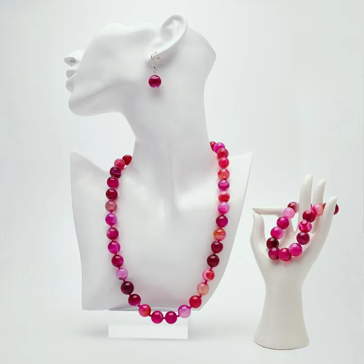 Women's 12mm Natural Gemstone Beaded Necklace, Bracelet and Earrings Set