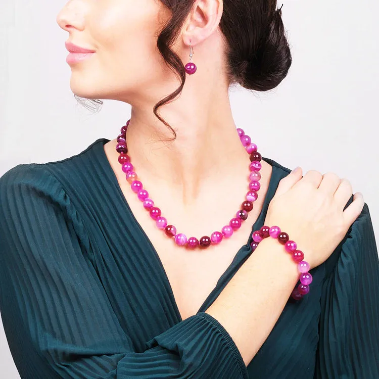 Women's 12mm Natural Gemstone Beaded Necklace, Bracelet and Earrings Set