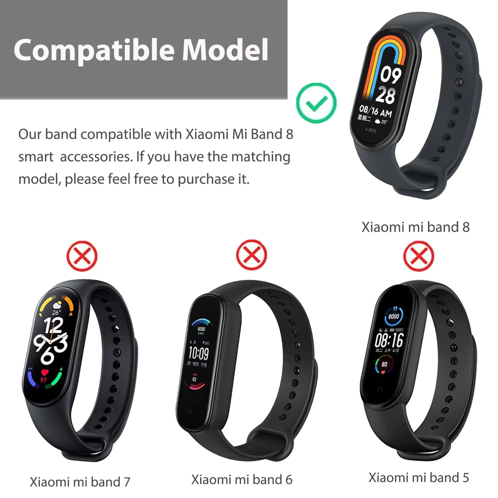 Xiaomi Mi Band 8 Stainless Steel Leather Ring Chain Belt | Silver & Black