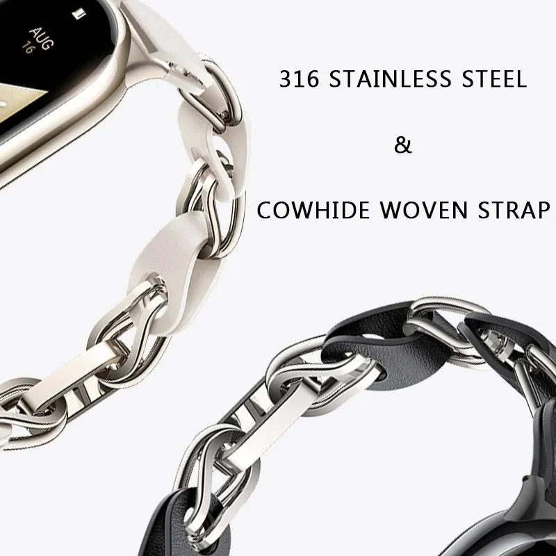 Xiaomi Mi Band 8 Stainless Steel Leather Ring Chain Belt | Silver & Black